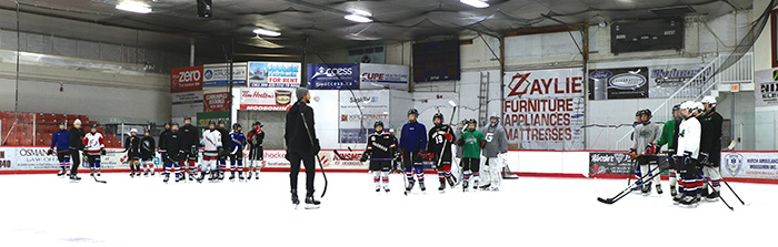 Young skaters in on-ice sessions at the Adam Herold Leadership Camp in Moosomin on Saturday, October 21.